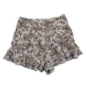 Blue Rain Floral Ruffle Shorts Womens Large Brown Cream Linen Blend Zipper Back